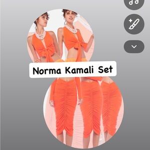 Norma Kamali Bright Orange Shirred Skirt w Halter Wrap Top. NEVER WORN.